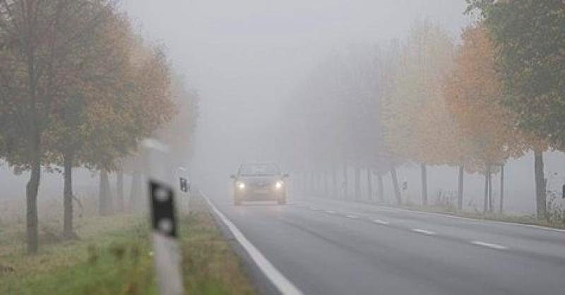 Car driving with dimmed headlights on a country road in dense fog, Hesse, Germany, Europe