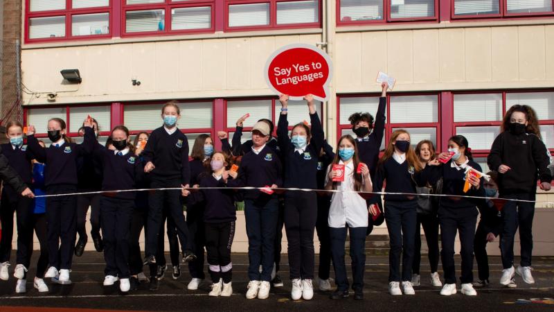Fifth and Sixth class girls at St Philomena's NS, Tullamore, celebrate their foreign language classes