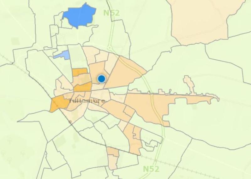 Map shows that most of Tullamore is either disadvantaged in orange, the paler areas are those which are slightly above average the blue areas are affluent or very affluent