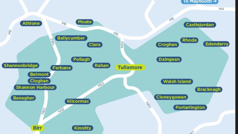 A map showing the TFI bus routes in Offaly 