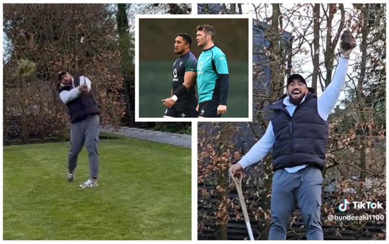 WATCH: Bundee Aki takes a lump out of Peter O'Mahony's pristine lawn at Six Nations party