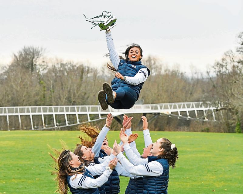 Shinrone and Offaly camogie player Sharon Shanahan being tossed in the air by colleagues at a reception at Plassey House in UL to mark their victory in the Ashbourne Cup.