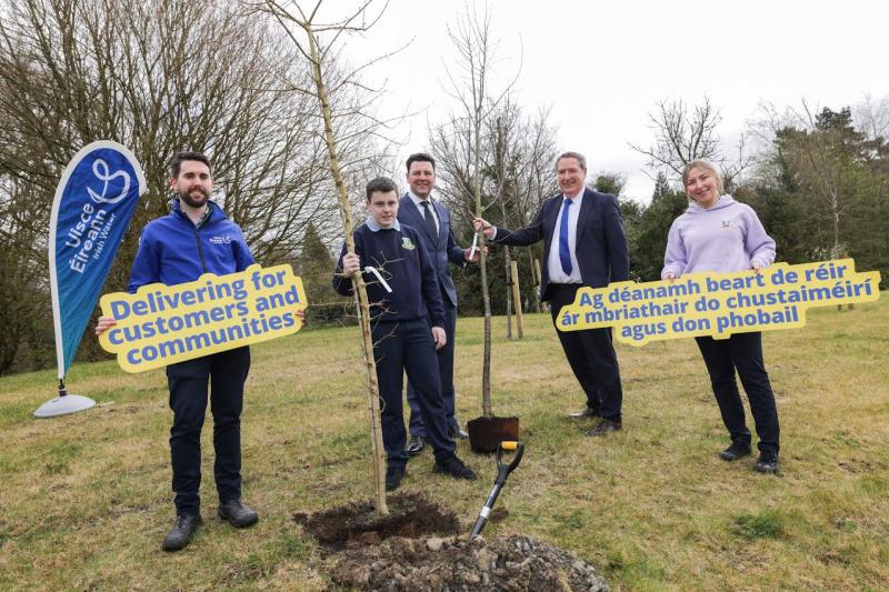 Students from Ard Scoil Chiarain Naofa participate in a tree planting ceremony to celebrate  the upgrade to Clara Water Treatment plant  with TD's Tony McCormack and John Clendennen and Ian Walsh UE