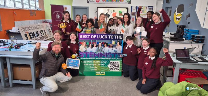 TV presenter Deric &Oacute; h'Artag&aacute;in (left) pictured with the students who will travel to Dallas