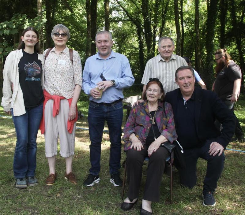 Mary (O'Carroll) Swan pictured seated with Tony McCormack TD and Councillor Frank Moran behind