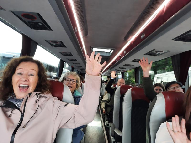 And we're of! Passengers on the shuttle bus  in great form as they head out to the plouging in Screggan