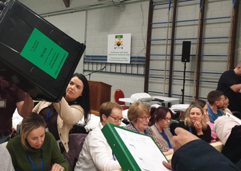A ballot box from Killeigh National School is opened at the presidential election count