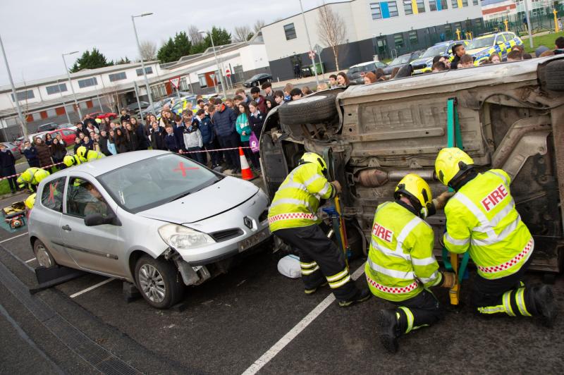 Fire and rescue teams demonstrate the response as a car crash is re-enacted at Tullamore College (Picture: Niall O'Mara)