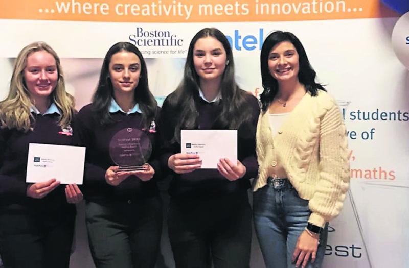St Brendan’s TY project “Bog to the Future” won the Natures’ Pharmacy Nat pro award at Scifest. Sophia Gladka, Kate Hogan, and Alexandra Crowley are pictured with their award and One for All vouchers.