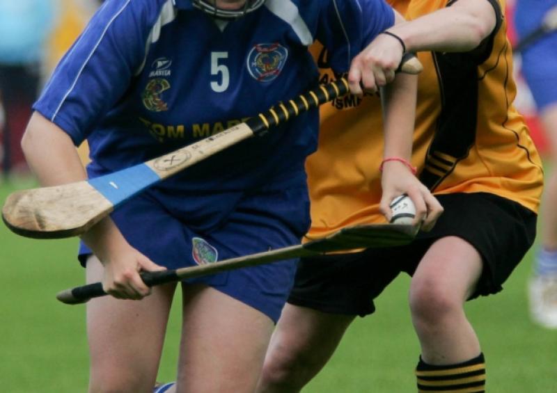 Tullamore's Alex Davis coming under pressure from St. Sinchills Rebecca Jordan in this action shot from the Minor A Camogie Championship Final in O'Connor Park, Tullamore. Picture: Ger Rogers/HR Photo