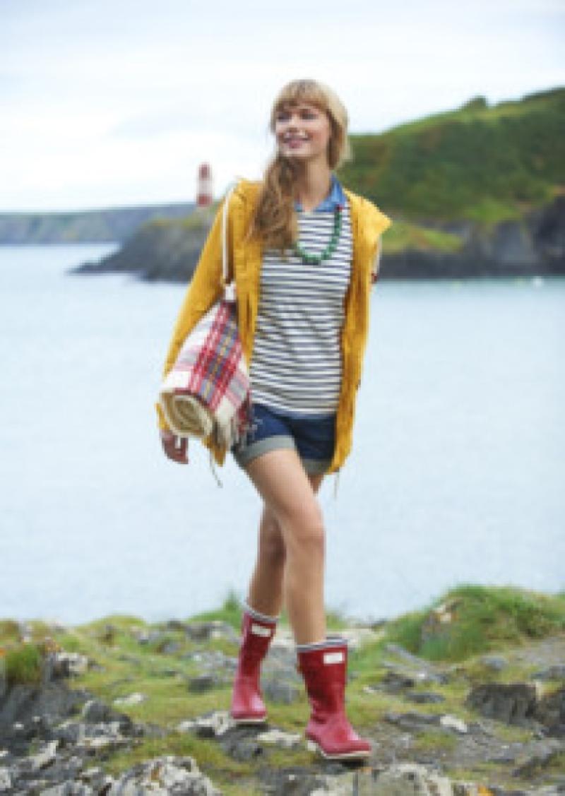 Photo of Tisbury yellow jacket, �89.95; Harbour jersey top, �24.95; Hana shorts, �39.95; Seafarer welly, �64.95; Bauble beads, �19.95; all Joules (www.joules.com). Picture credit: PA Photo/Handout.