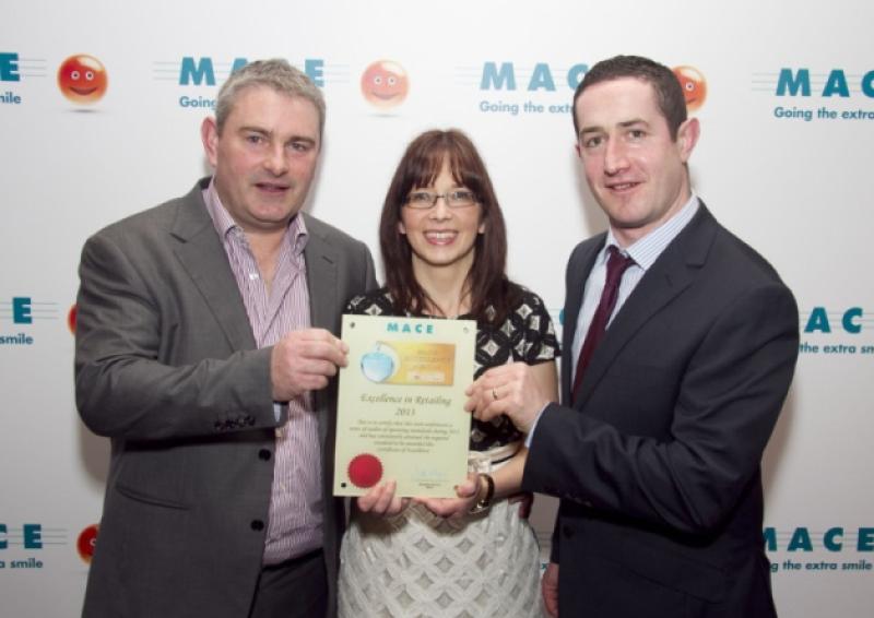 Pictured at the MACE Excellence Awards at the Sheraton Hotel, Athlone, were: Brendan & Aisling Mann MACE Tullamore Co Offaly and Philip O'Brien MACE. Picture Colm Mahady / Fennells - Copyright 2014 Fennell Photography.