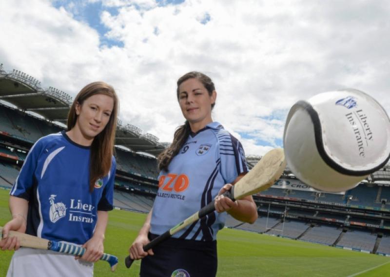 11 June 2013; The Liberty Insurance Camogie Championship was launched at Croke Park this afternoon with players from participating counties joining to mark the start of championship 2013 with President of the Camogie Association Aileen Lawlor, CEO of Liberty Insurance Pat OBrien and Uachtar�n Chumann L�thchleas Gael Liam � N�ill. Twenty four counties, across five grades, will commence their All-Ireland campaigns on June 22nd. Liberty Insurance is the first ever sponsor of both the GAA Hurling and Camogie All-Ireland Senior Championships in a five-year deal with the GAA. Pictured at todays launch are camogie players Arlene Watkins, Offaly, left, and Louise O'Hara, Dublin. Croke Park, Dublin. Picture credit: Brian Lawless / SPORTSFILE