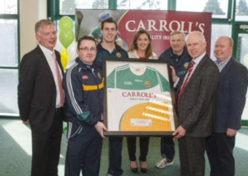 Pictured at the announcement of Carrolls Ham extension of their sponsorship of Offaly GAA and the launch of the new Carrolls Ham Offaly GAA jersey were l to r; Offaly GAA Chairperson Padraig Boland, Offaly senior football manager Emmet McDonnell, Offaly senior football team captain Niall McNamee, Carrolls Ham Marketing Manager Deirdre ONeill, Offaly GAA secretary Tommy Byrne, Carrolls Ham Managing Director John Comerford and Offaly GAA PRO Alan Walsh.