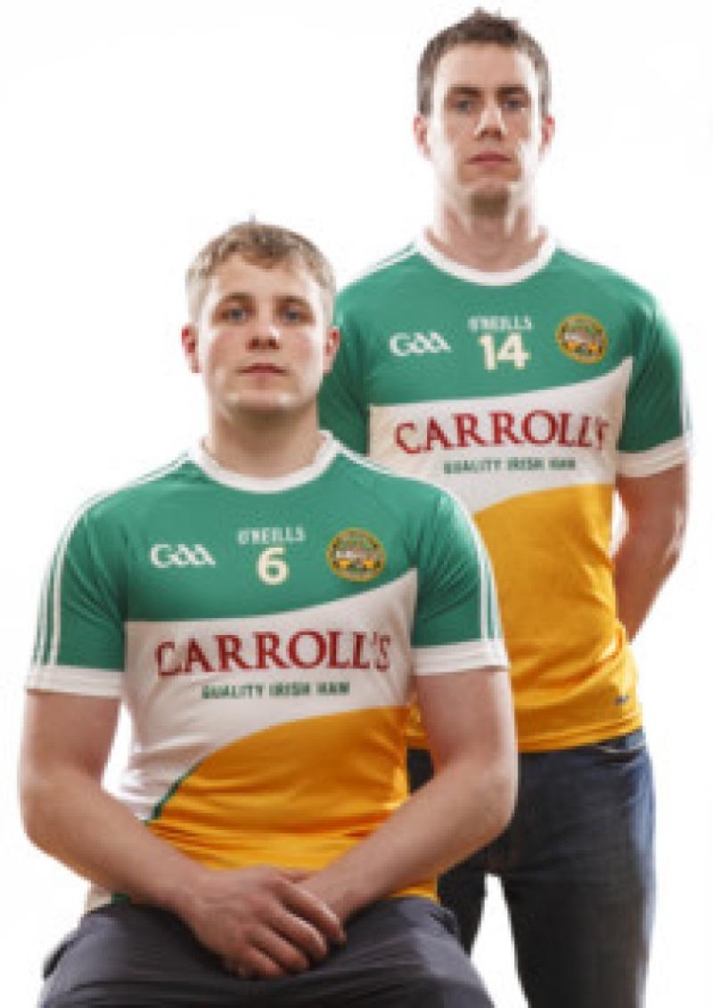 John Moloney and Niall McNamee wearing the new Offaly jersey.