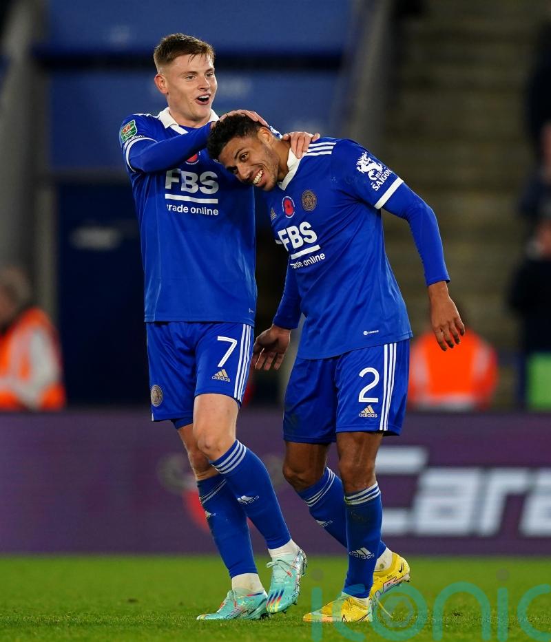 James Justin scores before being carried off in Leicester’s cup win over Newport