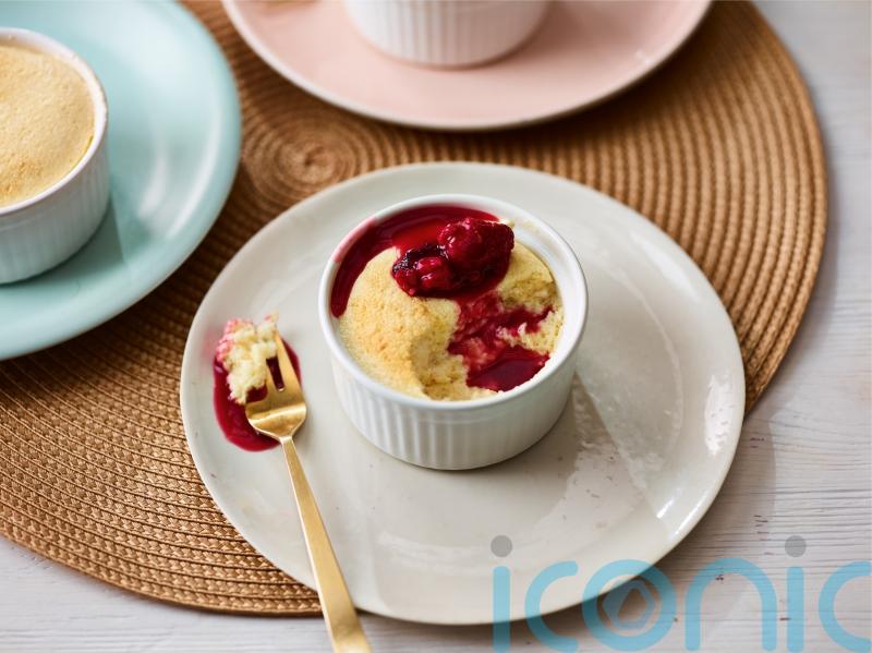 Joe Swash’s white chocolate soufflés with raspberry sauce