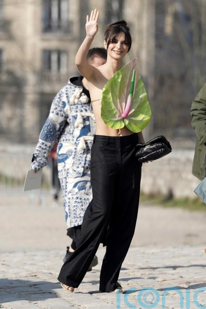 Emily Ratajkowski wears plant as a top at Paris Fashion Week