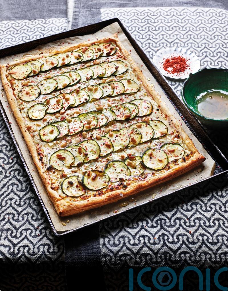 Sabrina Ghayour’s courgette, lemon, feta and pine nut tart