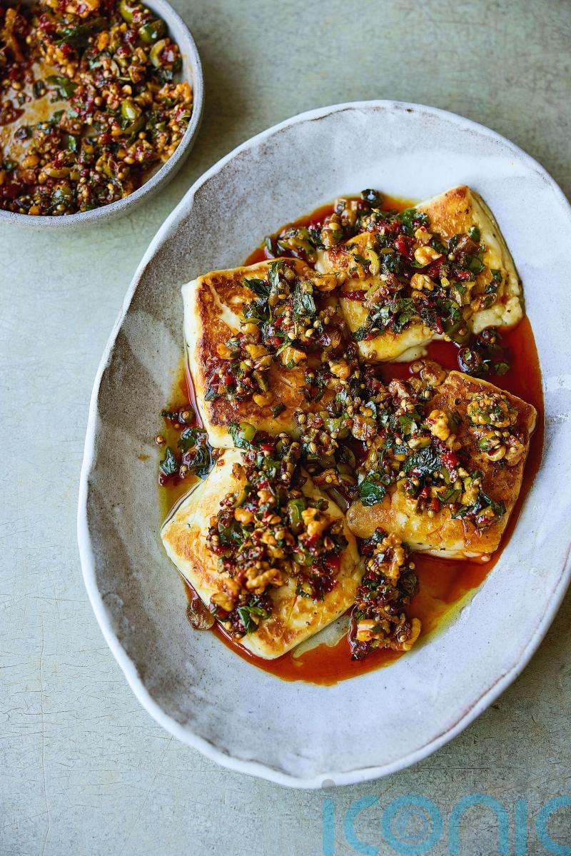 How to make Noor Murad’s ‘Cheese and Olives’ – halloumi with spicy olives and walnuts
