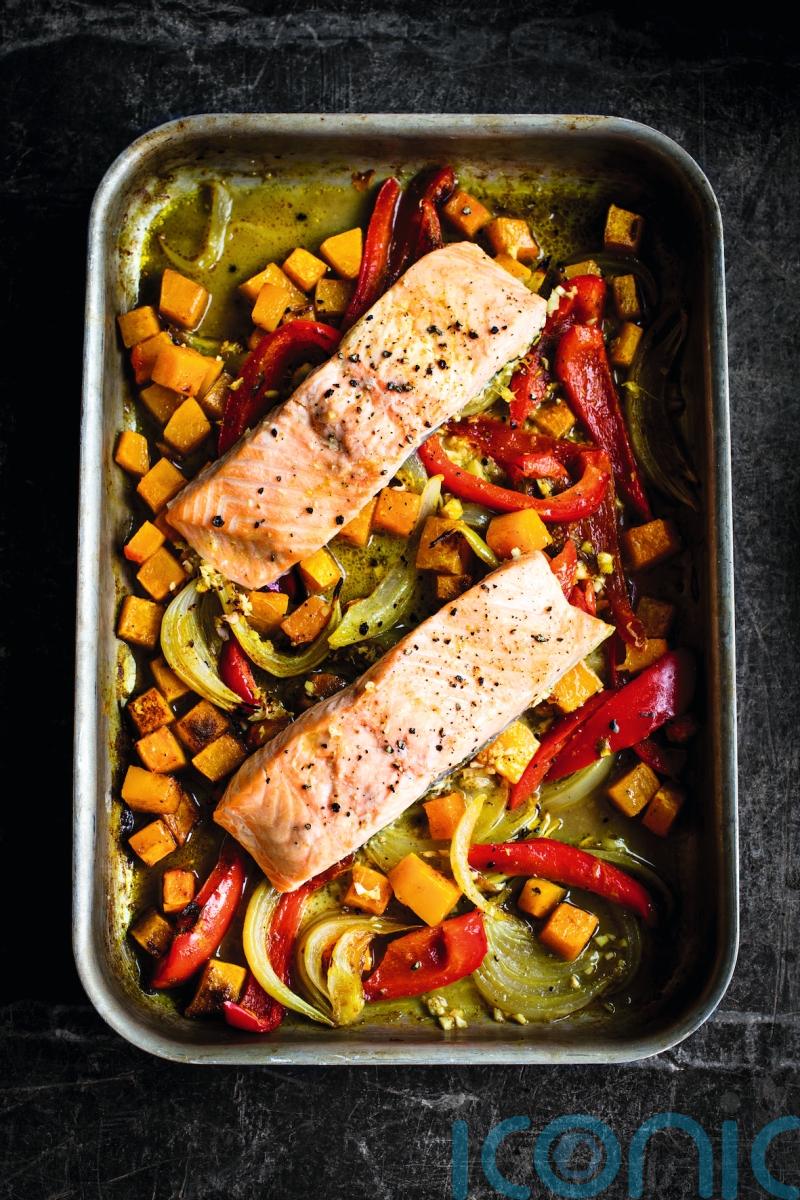 Clare Mosley’s spicy salmon and butternut squash traybake