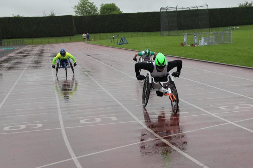 Closing stages of the wheelchair race at the Bertie Quinn Track and Field meet 2017