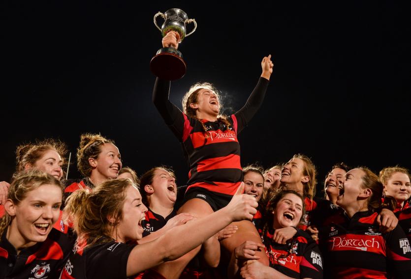 Ciara Farrell of Tullamore is lifted by team mates after they won the Leinster Women’s League Division 1 Playoffs match between Tullamore and Rathdrum