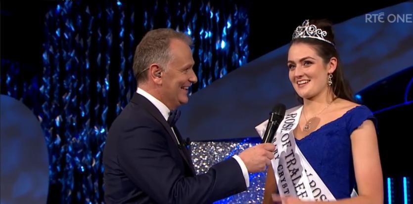 Offaly's Jennifer Byrne on stage with Daithi O'Se after winning the 2017 Rose of Tralee crown.