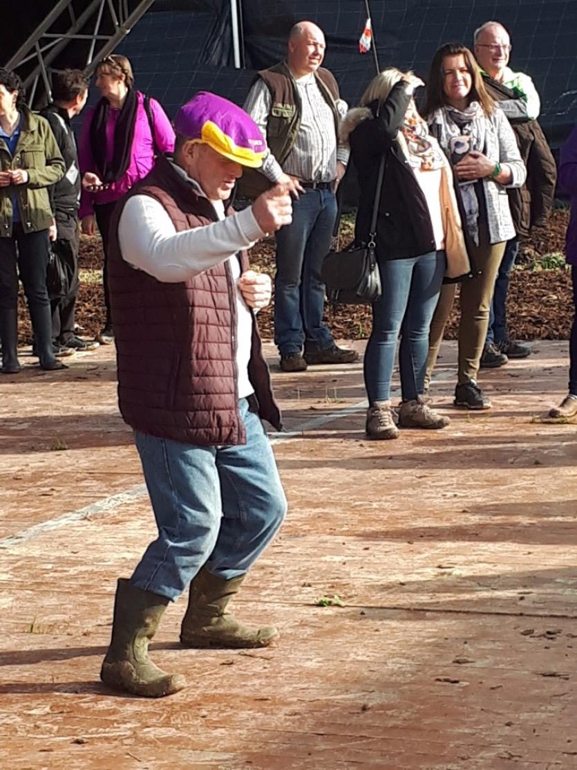 An excited reveller at the 2017 National Ploughing Championships in Screggan, Tullamore as he dances to the Willoughby Brothers at the Bandstand