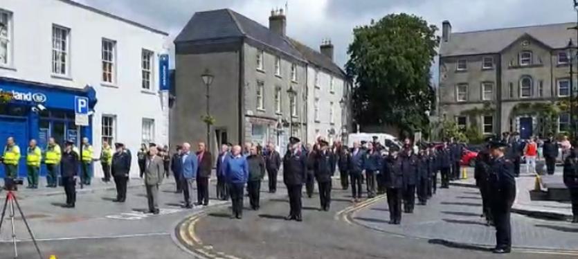 Members of an Garda Siochana, joined by emergency services and the local Fire Services paying tribute to Detective Colm Horkan earlier today