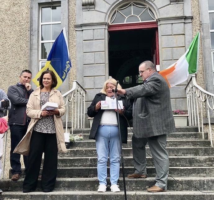Pictured on the steps of Corville House - the former Mother and Baby Home at Sean Ross Abbey on the grounds of the St. Anne's campus in Roscrea are Michael Donovan and Teresa Collins from the We Are Still Here group with Sinn Féin leader Mary Lou McDonald and Tipperary TD Martin Browne